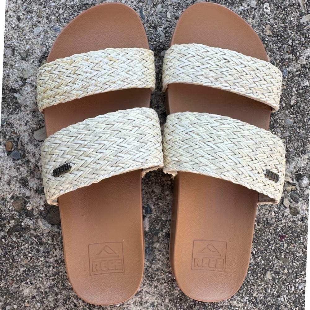 Reef Cushion Vista Braid Slides Tan Cream Woven Double Strap Sandals Womens 7